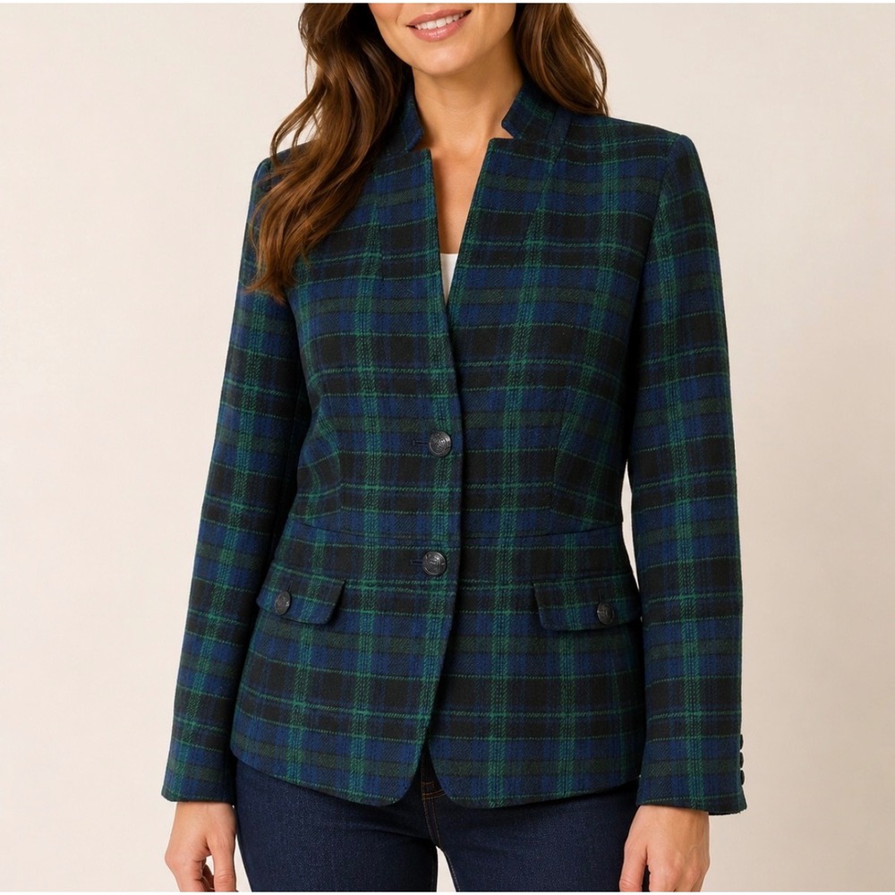 Talbots Blazer Jacket Green Plaid Wool Preppy Academia Blend Blue Size 6